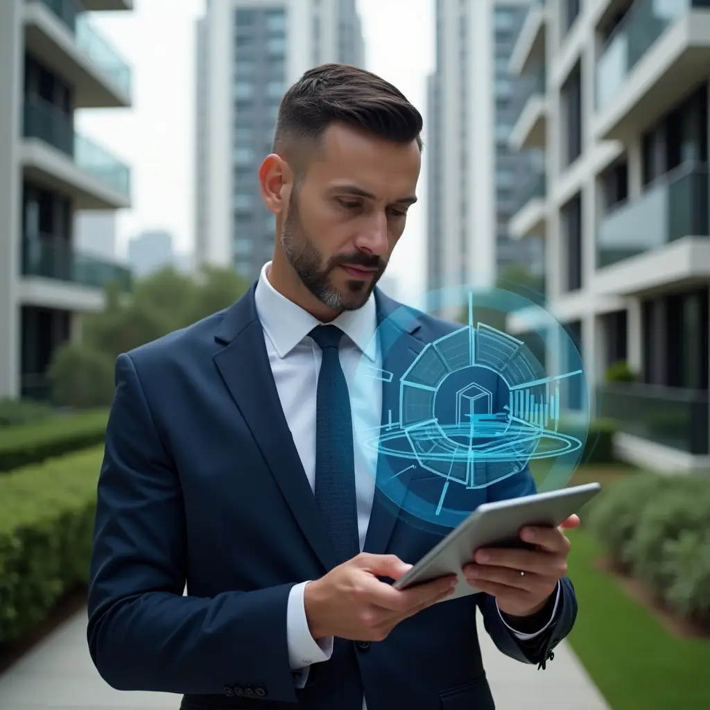 (Ultra-realistic condominium manager in a tailored navy suit, set in a modern luxury condominium environment with high-rise buildings and manicured greenery, holding a transparent holographic pie chart displaying unit fractions while reviewing data on a sleek tablet, confident and focused expression, cinematic lighting, shallow depth of field, highly detailed textures, realistic skin, photographic realism, 8k resolution --ar 1:1 --v 6)