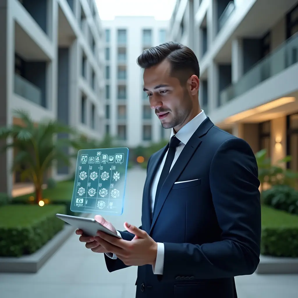 (Ultra-realistic condominium manager in a tailored navy suit, set in a modern luxury condominium environment with high-rise buildings and manicured green landscaping, holding a sleek tablet and examining a floating holographic calendar schedule, surrounded by translucent icons of gears and checkmarks symbolizing task planning, cinematic lighting, shallow depth of field, highly detailed textures, realistic skin, photographic realism, 8k resolution --ar 1:1 --v 6)