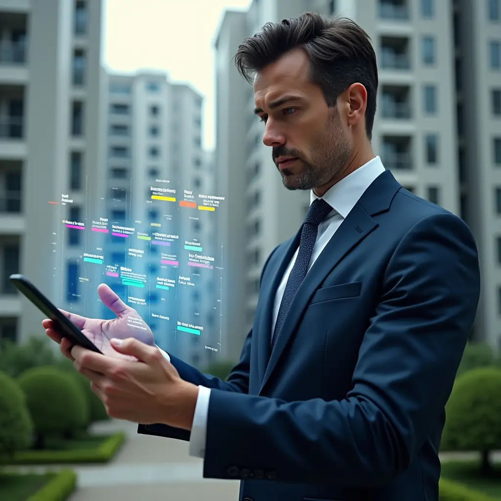 (Ultra-realistic condominium manager in a tailored navy suit, set in a modern luxury condominium environment with high-rise buildings and manicured green landscaping, analyzing a holographic scheduling interface with colored task markers, floating digital calendar icons symbolizing optimized timelines, focused and confident expression, cinematic lighting, shallow depth of field, highly detailed textures, realistic skin, photographic realism, 8k resolution --ar 1:1 --v 6)