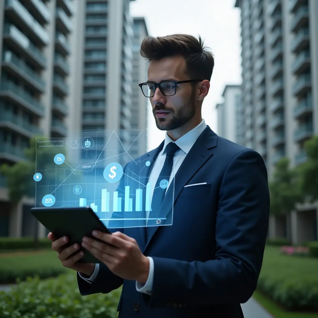 (Ultra-realistic condominium manager in a navy blue suit, set in a modern luxury condominium environment with high-rise buildings and green landscaping, examining a transparent holographic cost-reduction chart projected from a tablet, holographic icons of tools and documents floating around, confident and focused expression, cinematic lighting, shallow depth of field, highly detailed textures, realistic skin, photographic realism, 8k resolution --ar 1:1 --v 6)
