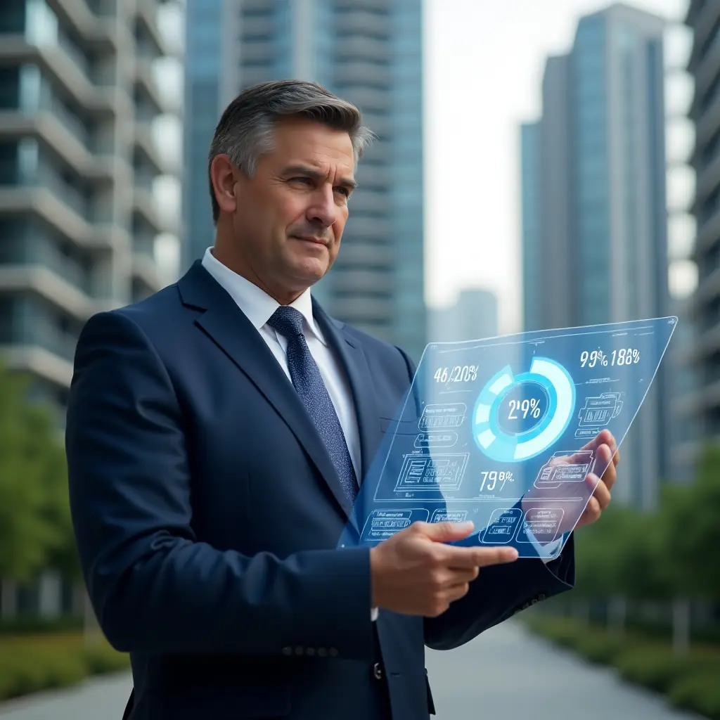 Ultra-realistic condominium manager in a navy blue executive suit, set in a modern luxury condominium environment with high-rise buildings and green landscaping, holding and analyzing a holographic pie chart showing unit percentage allocations, confident expression, holographic floor plans and percentage figures floating around, cinematic lighting, shallow depth of field, highly detailed textures, realistic skin, photographic realism, 8k resolution --ar 1:1 --v 6
