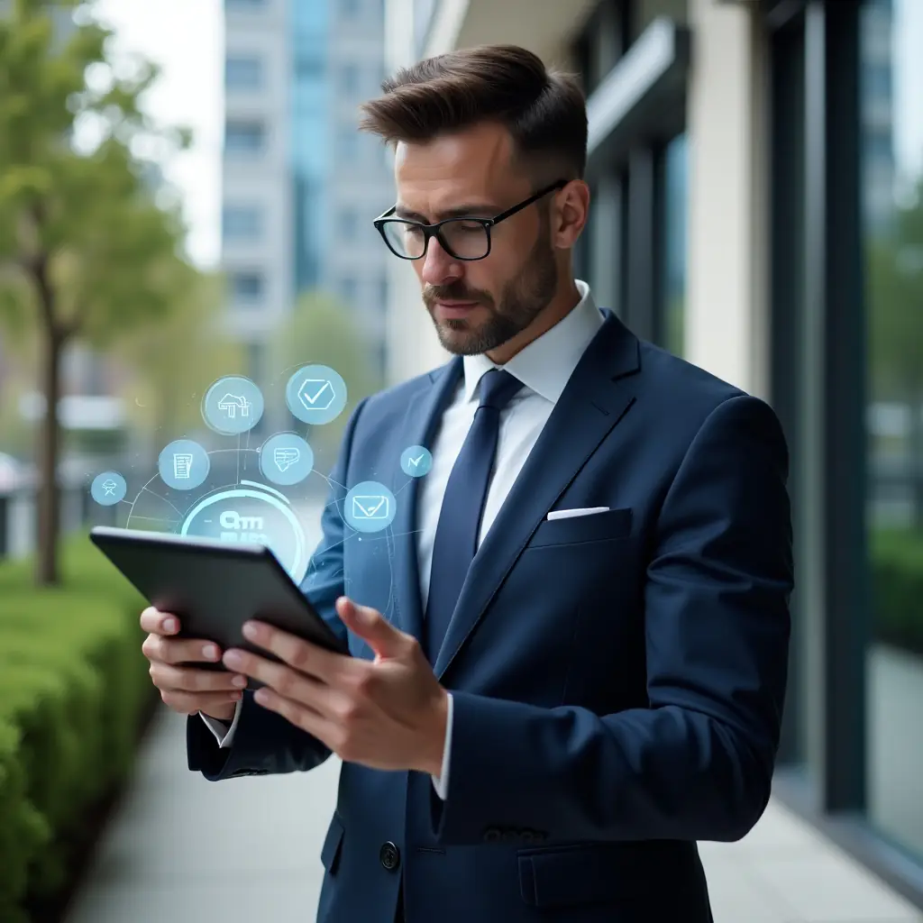 Ultra-realistic condominium manager in a navy executive suit, set in a modern luxury condominium environment with high-rise buildings and manicured greenery, holding a tablet displaying a digital voting interface with holographic approval icons floating above, confidently reviewing online meeting results, cinematic lighting, shallow depth of field, highly detailed textures, realistic skin, photographic realism, 8k resolution --ar 1:1 --v 6