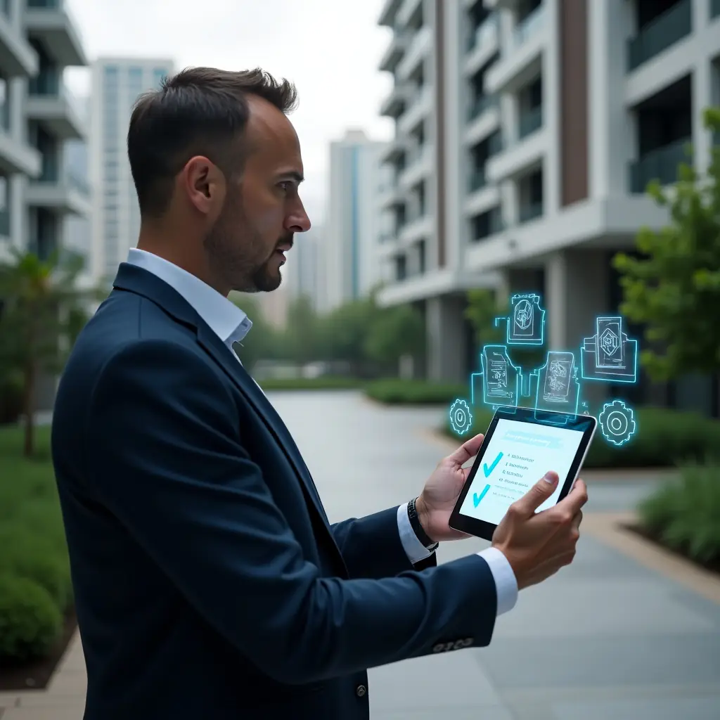 Ultra-realistic property manager in a navy blue suit, set in a modern luxury condominium environment with high-rise buildings and manicured green gardens, holding a tablet displaying a glowing holographic checklist and app interface, gesturing confidently as if explaining four implementation steps, subtle holographic icons of gears and graphs floating around, cinematic lighting, shallow depth of field, highly detailed textures, realistic skin, photographic realism, 8k resolution --ar 1:1 --v 6