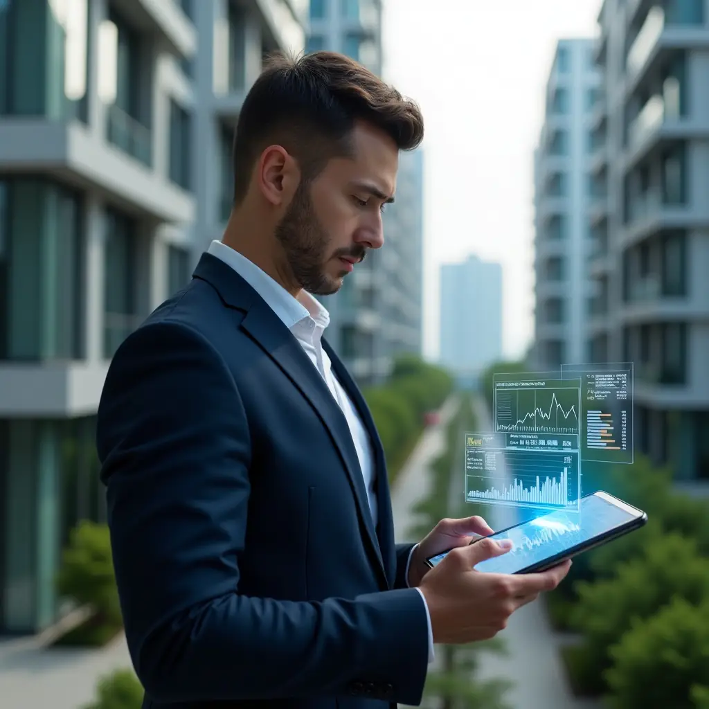 Ultra-realistic condominium manager in a navy blue suit, set in a modern luxury condominium environment with high-rise buildings and meticulously landscaped green areas, reviewing a transparent tablet displaying floating holographic financial charts and reports, focused and confident expression, cinematic lighting, shallow depth of field, highly detailed textures, realistic skin, photographic realism, 8k resolution --ar 1:1 --v 6