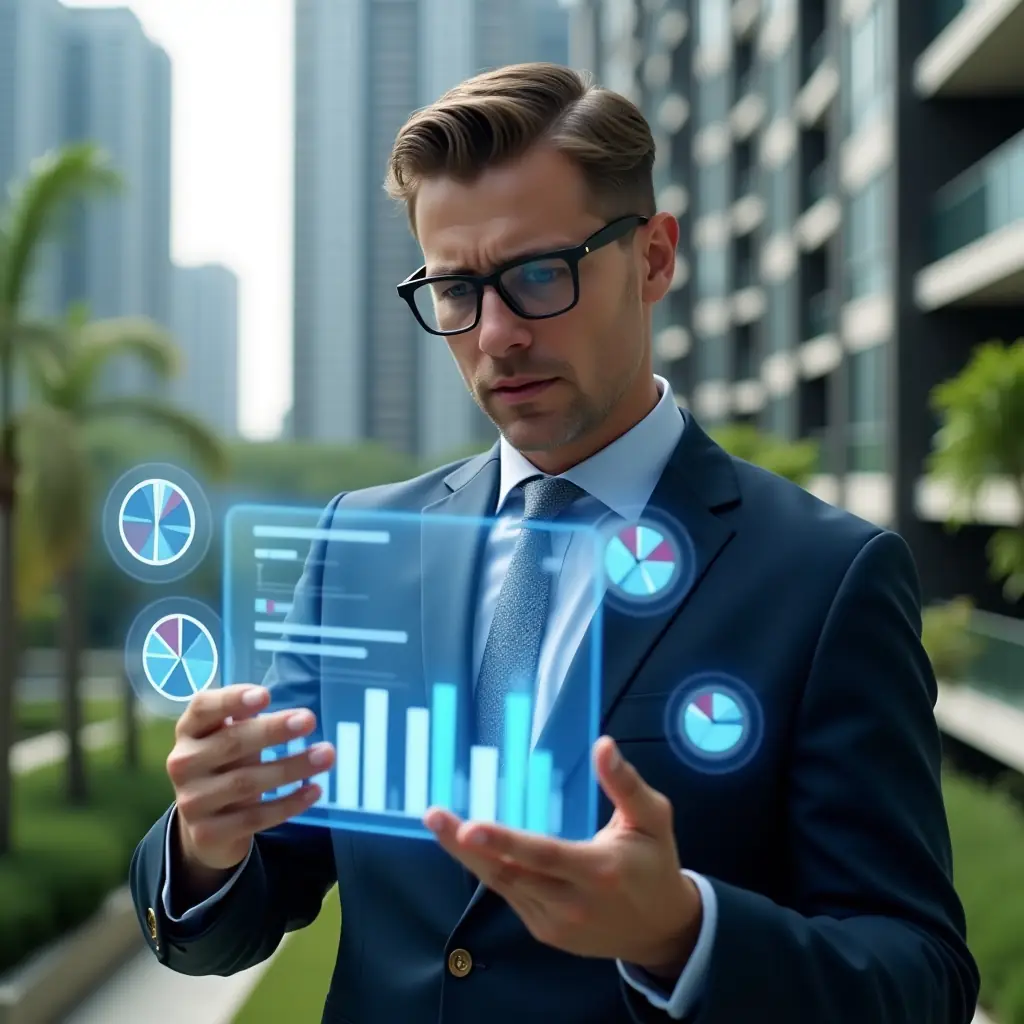 Ultra-realistic condominium manager in a navy suit, set in a modern luxury condominium environment with high-rise buildings and lush green landscaping, mid shot focused on analyzing a transparent holographic financial report displaying pie charts and bar graphs, floating holographic icons of expenses and budgets around the character, confident and thoughtful expression, cinematic lighting, shallow depth of field, highly detailed textures, realistic skin, photographic realism, 8k resolution --ar 1:1 --v 6