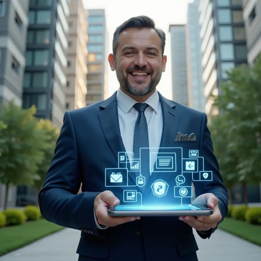 (Ultra-realistic property manager in a dark blue tailored suit, set in a modern luxury condominium environment with high-rise buildings and manicured green landscaping, holding a tablet displaying floating holographic icons representing key condominium management functions—finance charts, reservation calendar, security lock, chat bubbles, document library, maintenance checklist—confident and focused expression, cinematic lighting, shallow depth of field, highly detailed textures, realistic skin, photographic realism, 8k resolution --ar 1:1 --v 6)