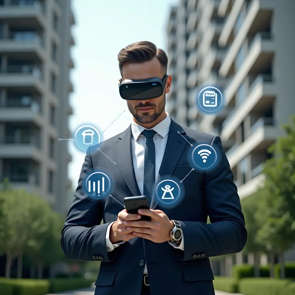 Ultra-realistic property manager in a sleek navy suit, set in a modern luxury condominium environment with high-rise buildings and manicured green gardens, mid-shot of the professional holding a smartphone and interacting with floating holographic icons representing finance charts, security cameras, and chat bubbles, confident and focused expression, cinematic lighting, shallow depth of field, highly detailed textures, realistic skin, photographic realism, 8k resolution --ar 1:1 --v 6