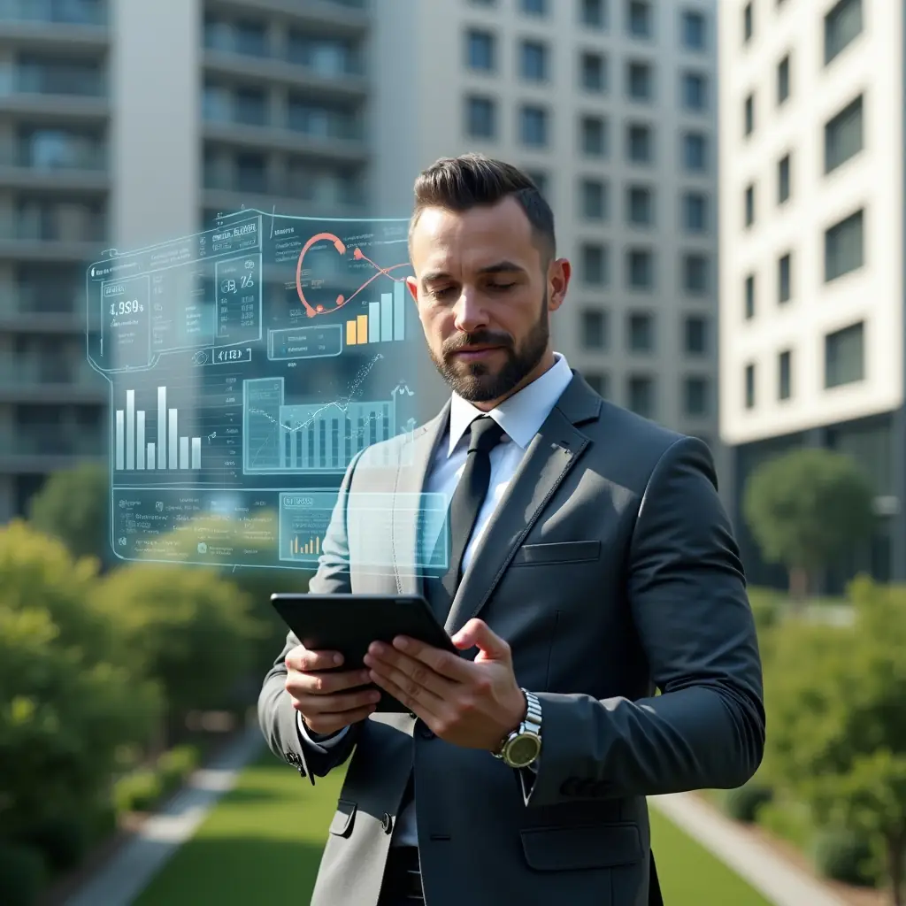 (Ultra-realistic condominium manager in a charcoal gray suit, set in a modern luxury condominium environment with high-rise buildings and lush green landscaping, holding a tablet and pointing at floating holographic financial charts and graphs symbolizing budget planning, confident and focused expression, cinematic lighting, shallow depth of field, highly detailed textures, realistic skin, photographic realism, 8k resolution --ar 1:1 --v 6)