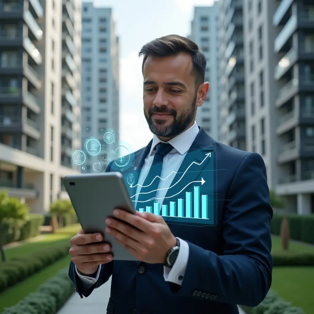 Ultra-realistic condominium manager in a navy tailored suit, set in a modern luxury condominium environment with high-rise buildings and lush green landscaping, holding a digital tablet displaying holographic cost-cutting charts, examining financial graphs with a confident, focused expression, futuristic savings icons floating around, cinematic lighting, shallow depth of field, highly detailed textures, realistic skin, photographic realism, 8k resolution --ar 1:1 --v 6