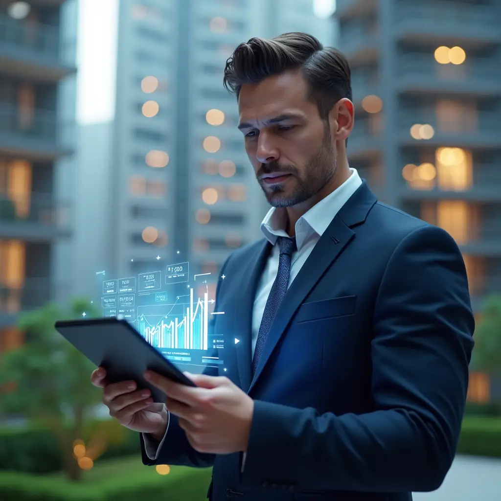Ultra-realistic condominium manager in a navy blue suit, set in a modern luxury condominium environment with high-rise buildings and green landscaping, holding a tablet displaying a glowing holographic budget chart and floating expense icons, analyzing monthly expenses with a confident, focused expression, cinematic lighting, shallow depth of field, highly detailed textures, realistic skin, photographic realism, 8k resolution --ar 1:1 --v 6