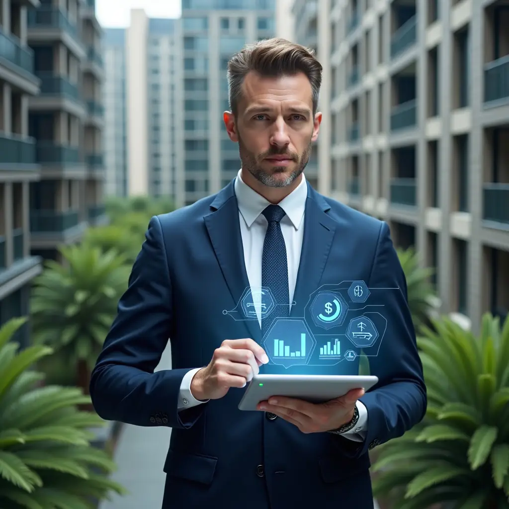 Ultra-realistic condominium manager in a navy blue suit, set in a modern luxury condominium environment with high-rise buildings and lush green landscaping, holding a transparent tablet displaying holographic financial charts and money-saving icons, confidently pointing at cost-reduction graphs, cinematic lighting, shallow depth of field, highly detailed textures, realistic skin, photographic realism, 8k resolution --ar 1:1 --v 6