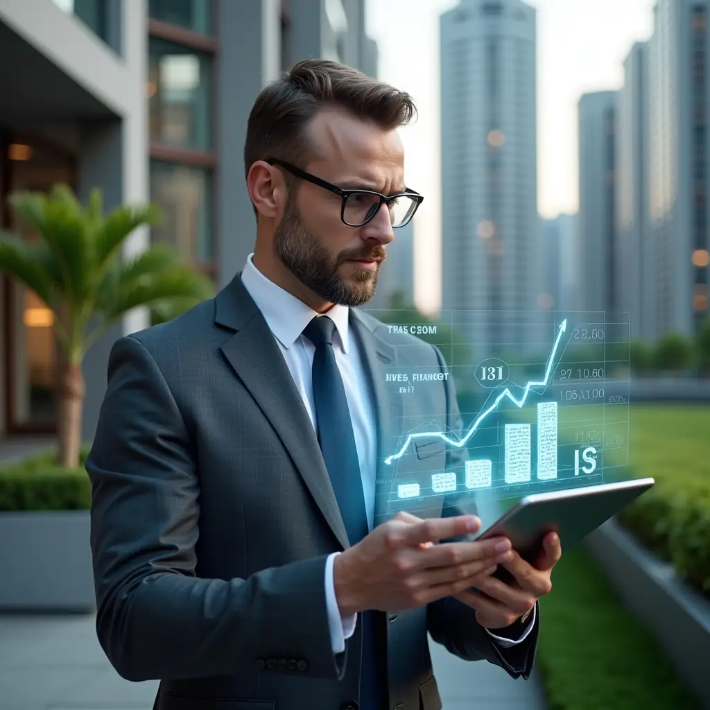 (Ultra-realistic condominium manager in a charcoal gray suit, set in a modern luxury condominium environment with high-rise buildings and lush green landscaping, reviewing a holographic budget chart projected from a sleek tablet, confident and focused expression, glowing financial icons floating around, cinematic lighting, shallow depth of field, highly detailed textures, realistic skin, photographic realism, 8k resolution --ar 1:1 --v 6)