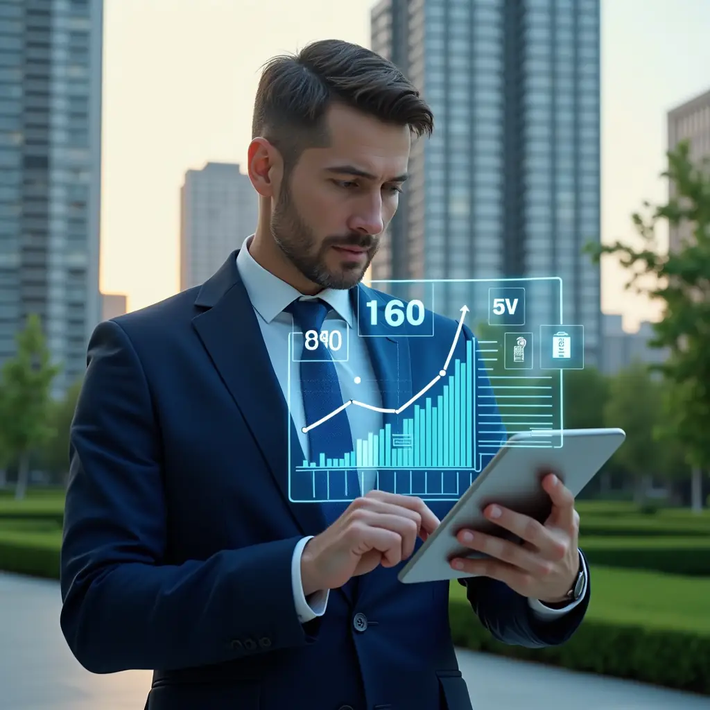 Ultra-realistic condominium manager in a navy blue executive suit, set in a modern luxury condominium environment with high-rise buildings and manicured green landscaping, confidently analyzing holographic cost-reduction charts projected from a tablet, with floating icons of savings, energy efficiency symbols, and downward-trend graphs, cinematic lighting, shallow depth of field, highly detailed textures, realistic skin, photographic realism, 8k resolution --ar 1:1 --v 6