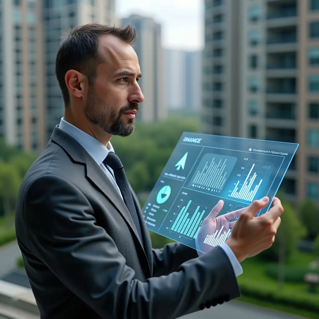 Ultra-realistic condominium manager in a charcoal gray suit, set in a modern luxury condominium environment with high-rise buildings and manicured green landscaping, holding and analyzing a holographic financial dashboard displaying expense-reduction icons and budget charts, confident expression, cinematic lighting, shallow depth of field, highly detailed textures, realistic skin, photographic realism, 8k resolution --ar 1:1 --v 6