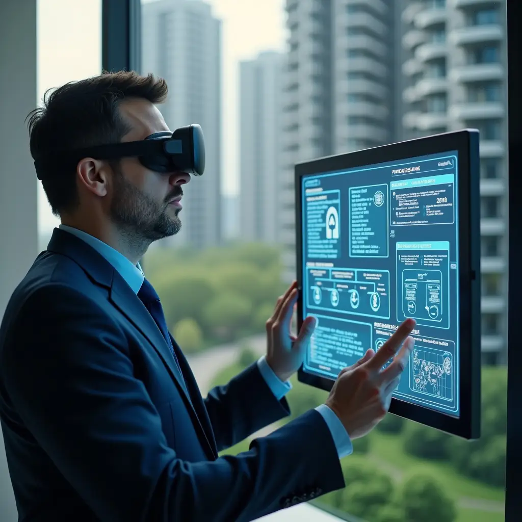 (Ultra-realistic condominium manager in a navy blue suit, set in a modern luxury condominium environment with high-rise buildings and manicured gardens, close-up of a thoughtful and concerned professional examining a holographic dashboard displaying error icons, broken integration flowcharts and warning symbols, cinematic lighting, shallow depth of field, highly detailed textures, realistic skin, photographic realism, 8k resolution --ar 1:1 --v 6)