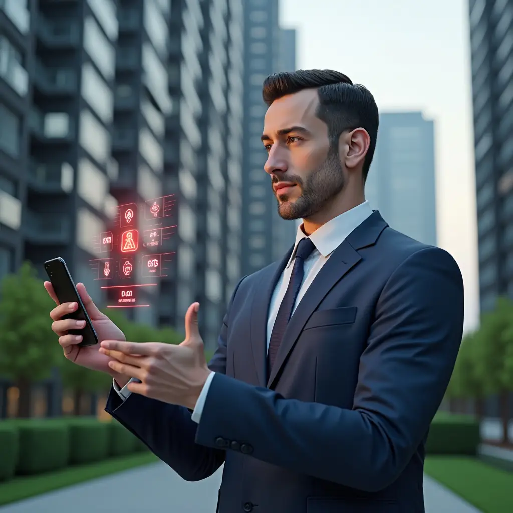 (Ultra-realistic property manager in a navy blue suit, set in a modern luxury condominium environment with high-rise buildings and manicured green landscaping, holding a smartphone and examining a floating holographic interface with red warning icons and app controls, thoughtful expression, cinematic lighting, shallow depth of field, highly detailed textures, realistic skin, photographic realism, 8k resolution --ar 1:1 --v 6)