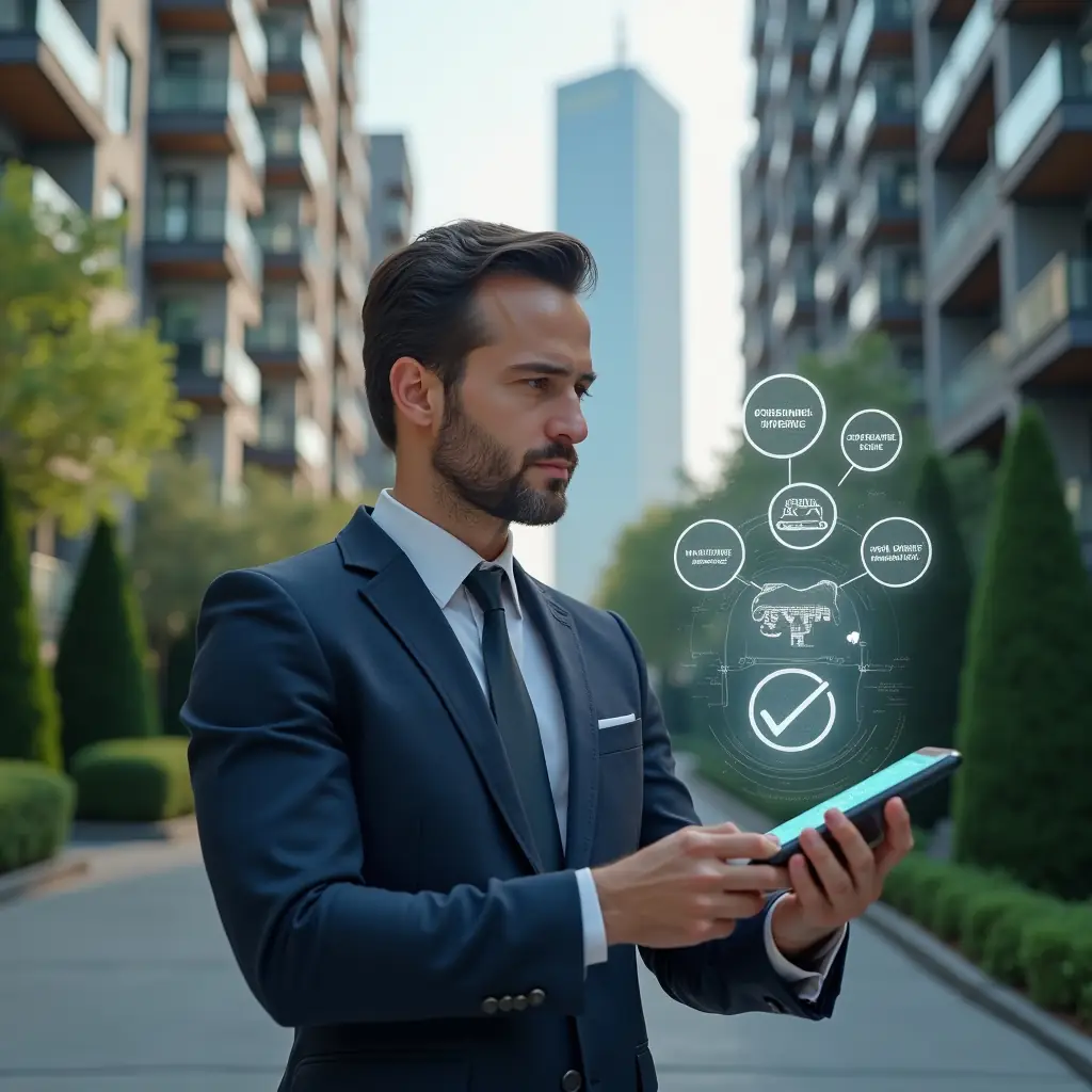 (Ultra-realistic condominium manager in a tailored navy suit, set in a modern luxury condominium environment with high-rise buildings and manicured green landscaping, examining a floating holographic interface of a mobile app with warning icons and checklists—highlighting “7 errors” alerts—expression focused and confident, cinematic lighting, shallow depth of field, highly detailed textures, realistic skin, photographic realism, 8k resolution --ar 1:1 --v 6)