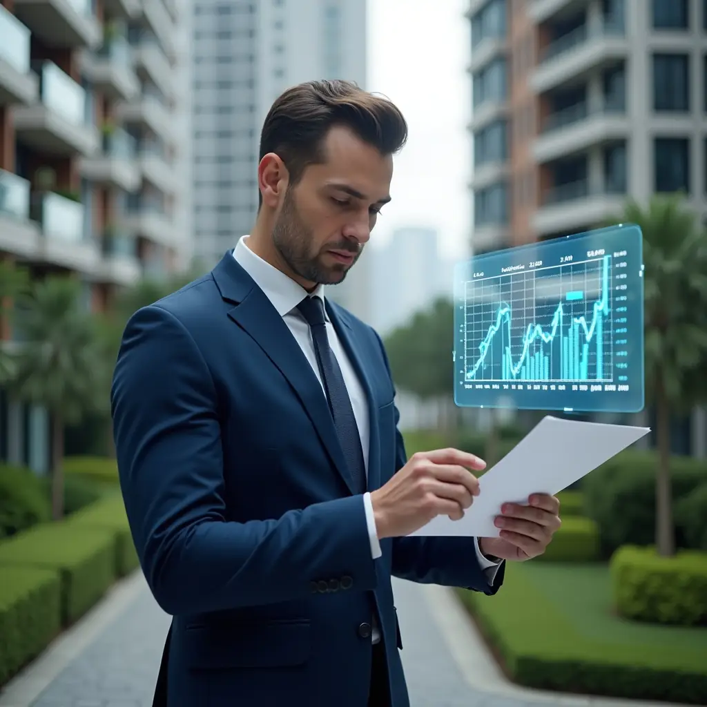 Ultra-realistic condominium manager in a navy blue suit, set in a modern luxury condominium environment with high-rise buildings and manicured green landscaping, reviewing financial documents with a digital holographic chart of accounts floating beside them, serious and focused expression, cinematic lighting, shallow depth of field, highly detailed textures, realistic skin, photographic realism, 8k resolution --ar 1:1 --v 6