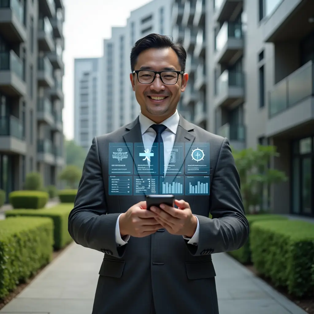 Ultra-realistic condominium manager in a charcoal gray executive suit, set in a modern luxury condominium environment with high-rise buildings and meticulously landscaped gardens, holding a smartphone displaying holographic icons of calendars, financial graphs and checklists above the screen, confidently smiling and analyzing data in real time, cinematic lighting, shallow depth of field, highly detailed textures, realistic skin, photographic realism, 8k resolution --ar 1:1 --v 6