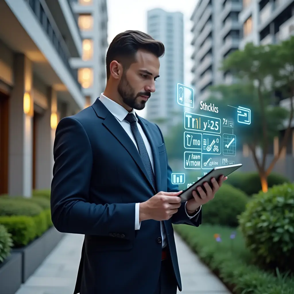 Ultra-realistic condominium manager in a tailored navy suit, set in a modern luxury condominium environment with high-rise buildings and manicured greenery, holding a tablet projecting a holographic checklist and calendar, confidently reviewing a digital schedule of maintenance and meetings, subtle icons of tools and meeting agendas floating around, cinematic lighting, shallow depth of field, highly detailed textures, realistic skin, photographic realism, 8k resolution --ar 1:1 --v 6