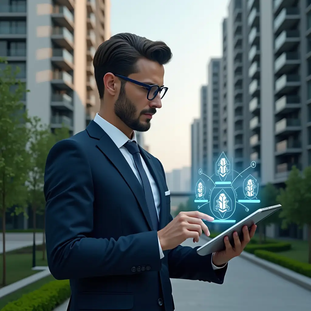 (Ultra-realistic condominium manager in a dark blue suit, set in a modern luxury condominium environment with high-rise buildings and lush green landscaping, holding a tablet displaying a holographic maintenance checklist while inspecting an HVAC unit, floating icons of gears and safety shields around them, confident expression, cinematic lighting, shallow depth of field, highly detailed textures, realistic skin, photographic realism, 8k resolution --ar 1:1 --v 6)