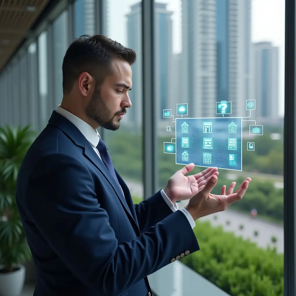 (Ultra-realistic condominium manager in a navy executive suit, set in a modern luxury condominium environment with high-rise buildings and meticulously landscaped greenery, confidently reviewing a floating digital checklist hologram with icons of tasks and calendars, cinematic lighting, shallow depth of field, highly detailed textures, realistic skin, photographic realism, 8k resolution --ar 1:1 --v 6)