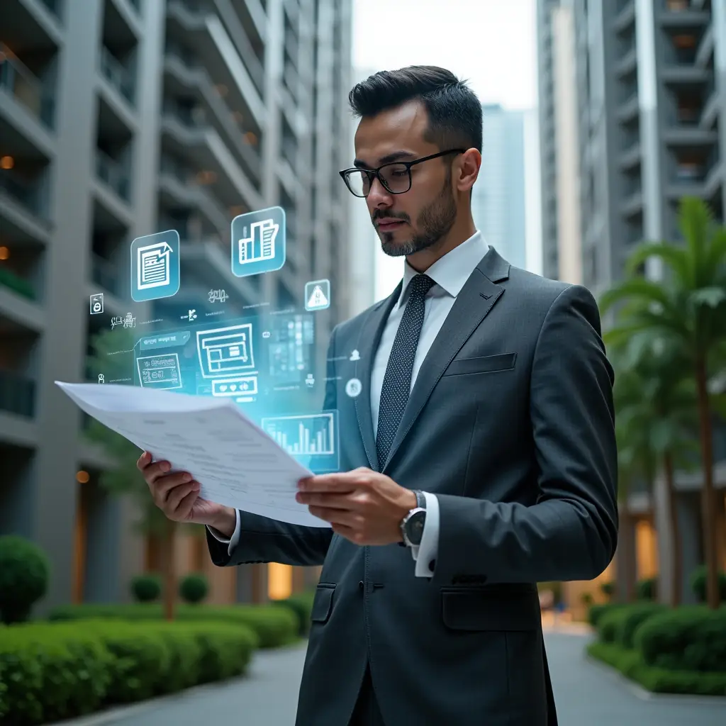 Ultra-realistic condominium manager in a charcoal gray suit, set in a modern luxury condominium environment with high-rise buildings and green landscaping, reviewing a floating holographic financial report with charts and documents, holographic icons of spreadsheets and approval stamps surrounding him, confident and focused expression, cinematic lighting, shallow depth of field, highly detailed textures, realistic skin, photographic realism, 8k resolution --ar 1:1 --v 6