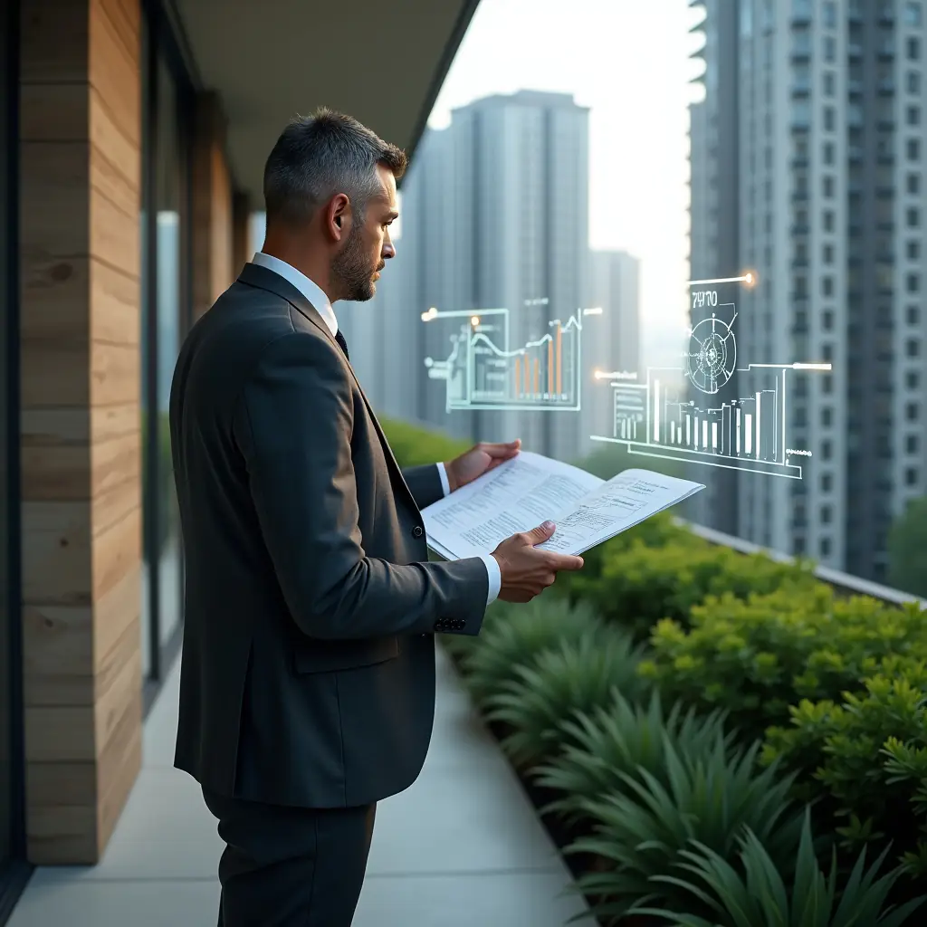 Ultra-realistic property manager in a dark gray suit, set in a modern luxury condominium environment with high-rise buildings and meticulously landscaped greenery, mid-shot of a confident syndic analyzing floating KPI holograms showing charts for delinquency rate, expense sharing, resident satisfaction and more, cinematic lighting, shallow depth of field, highly detailed textures, realistic skin, photographic realism, 8k resolution --ar 1:1 --v 6