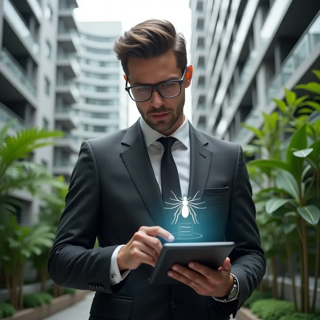 Ultra-realistic condominium manager in a dark gray executive suit, set in a modern luxury condominium environment with high-rise buildings and lush green landscaping, holding a tablet displaying a digital checklist and pointing at a potted plant with a holographic mosquito icon hovering above, determined expression, cinematic lighting, shallow depth of field, highly detailed textures, realistic skin, photographic realism, 8k resolution --ar 1:1 --v 6