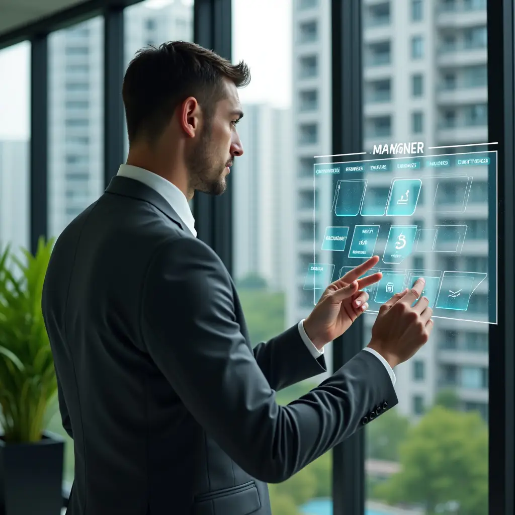 Ultra-realistic condominium manager in a charcoal gray executive suit, set in a modern luxury condominium environment with high-rise buildings and lush green landscaping, interacting with a holographic task scheduler calendar floating before them, confidently tapping reminders and automated workflow icons, cinematic lighting, shallow depth of field, highly detailed textures, realistic skin, photographic realism, 8k resolution --ar 1:1 --v 6