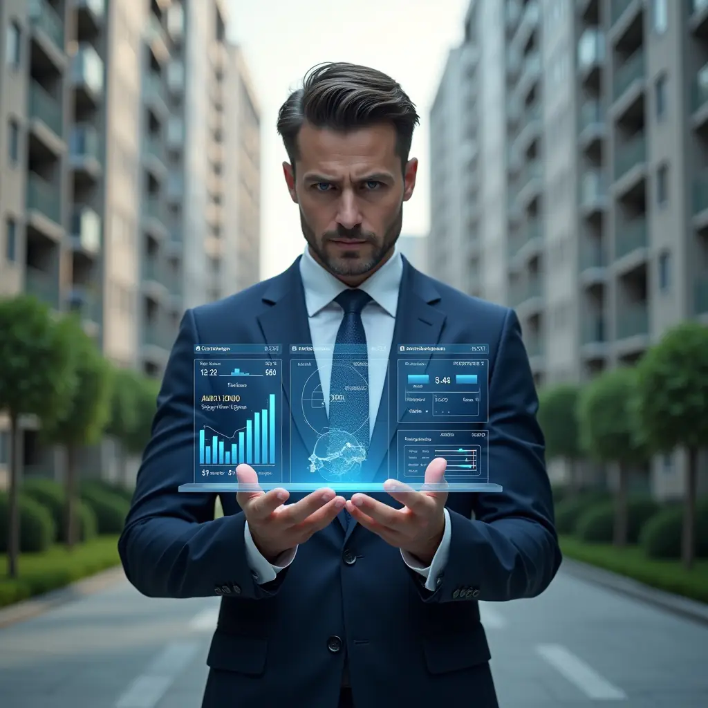 Ultra-realistic condominium manager in a dark blue tailored suit, set in a modern luxury condominium environment with high-rise buildings and manicured green landscaping, interacting with a floating holographic financial dashboard displaying automated reports and charts, confident and focused expression, cinematic lighting, shallow depth of field, highly detailed textures, realistic skin, photographic realism, 8k resolution --ar 1:1 --v 6