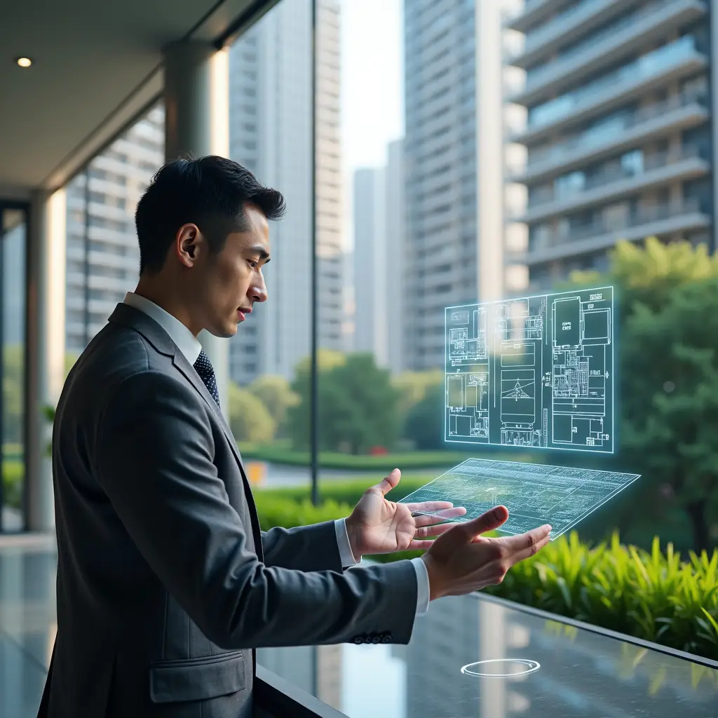 (Ultra-realistic property manager in a charcoal gray suit, set in a modern luxury condominium environment with high-rise buildings and manicured green landscaping, analyzing a holographic fractional chart of unit areas above a sleek glass table, with floating blueprint lines and fraction symbols, cinematic lighting, shallow depth of field, highly detailed textures, realistic skin, photographic realism, 8k resolution --ar 1:1 --v 6)