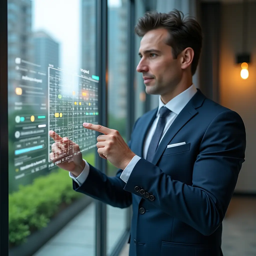 Ultra-realistic condominium manager in a tailored navy suit, set in a modern luxury condominium environment with high-rise buildings and lush green landscaping, confidently pointing at a holographic calendar schedule with highlighted tasks and translucent timeline bars, surrounded by floating checkmark icons and event markers, cinematic lighting, shallow depth of field, highly detailed textures, realistic skin, photographic realism, 8k resolution --ar 1:1 --v 6