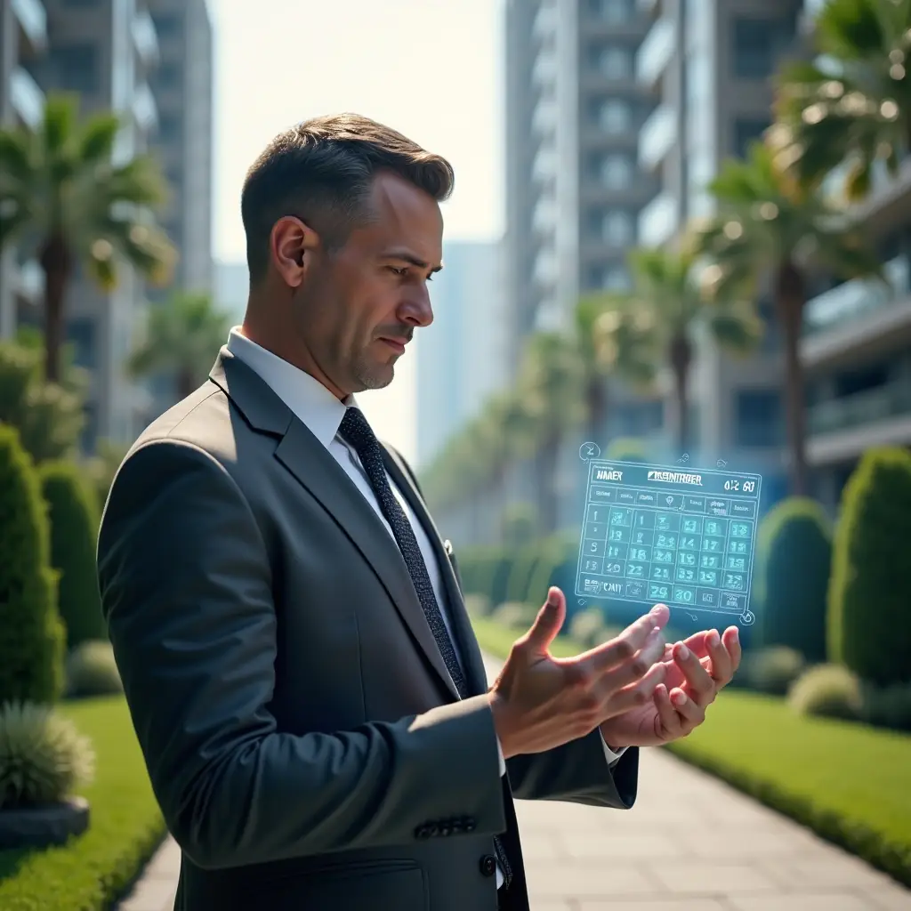 (Ultra-realistic condominium manager in a charcoal gray suit, set in a modern luxury condominium environment with high-rise buildings and manicured green landscaping, examining a holographic maintenance schedule calendar with a confident, focused expression, floating calendar hologram highlighting preventive tasks, cinematic lighting, shallow depth of field, highly detailed textures, realistic skin, photographic realism, 8k resolution --ar 1:1 --v 6)