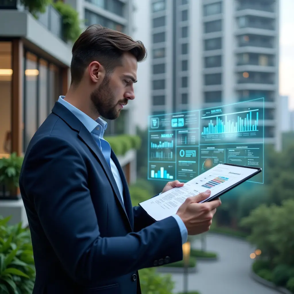 (Ultra-realistic condominium manager in a navy blue suit, set in a modern luxury condominium environment with high-rise buildings and meticulously landscaped greenery, reviewing a holographic financial report projected in front of them, analyzing clear charts and figures with a focused and confident expression, floating icons of graphs and spreadsheets around, cinematic lighting, shallow depth of field, highly detailed textures, realistic skin, photographic realism, 8k resolution --ar 1:1 --v 6)