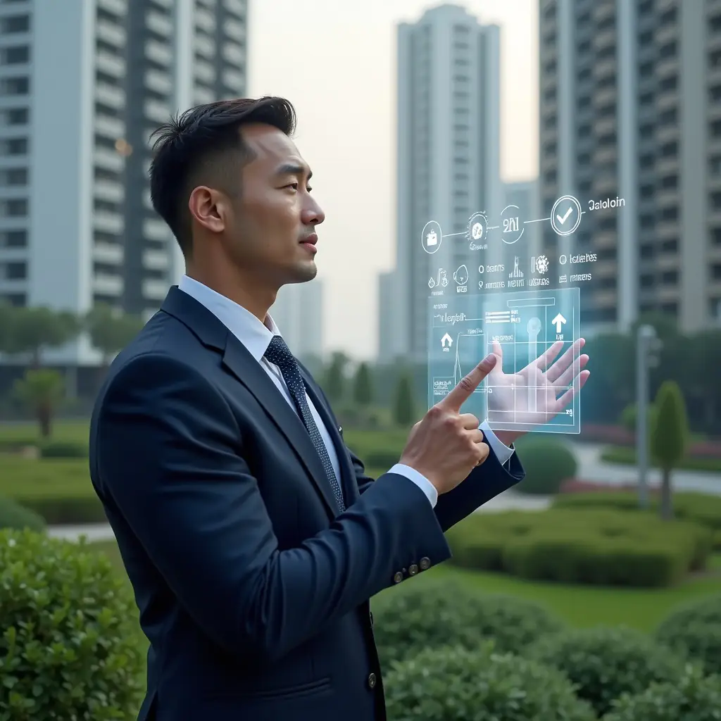 (Ultra-realistic condominium manager in a tailored navy suit, set in a modern luxury condominium environment with high-rise buildings and meticulously landscaped greenery, holding a transparent holographic calendar and pointing at a highlighted timeline with five steps, confident and focused expression, symbolic floating icons of checkmarks and gears around the hologram, cinematic lighting, shallow depth of field, highly detailed textures, realistic skin, photographic realism, 8k resolution --ar 1:1 --v 6)