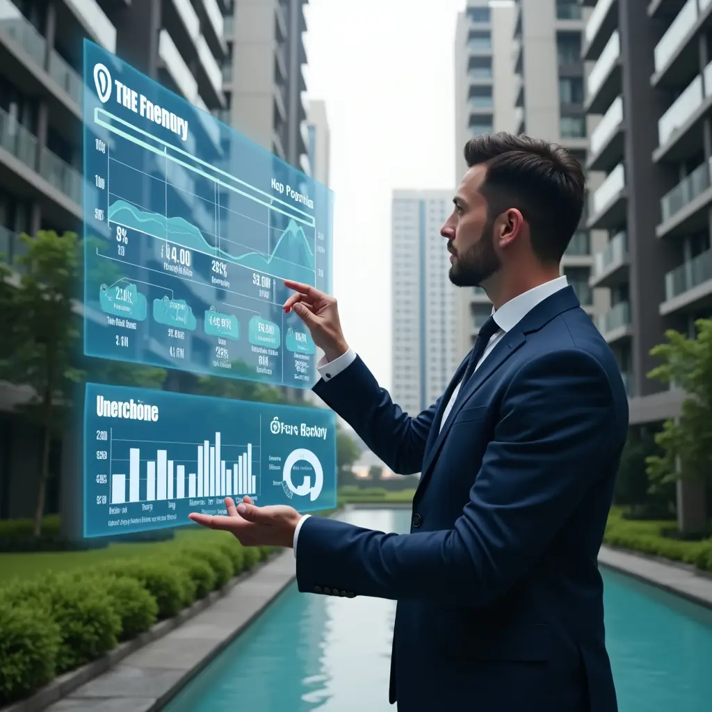 (Ultra-realistic property manager in a navy tailored suit, set in a modern luxury condominium environment with high-rise buildings and manicured green gardens, examining a floating holographic financial dashboard with categorized expense charts and highlighted ordinary vs. extraordinary costs, pointing confidently at the data, cinematic lighting, shallow depth of field, highly detailed textures, realistic skin, photographic realism, 8k resolution --ar 1:1 --v 6)