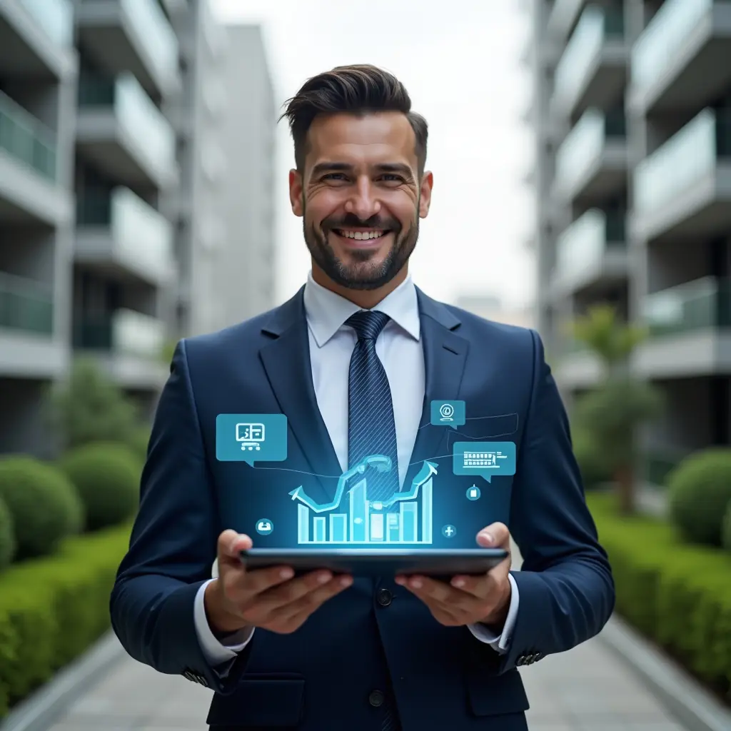 Ultra-realistic condominium manager in a tailored navy suit, set in a modern luxury condominium environment with high-rise buildings and lush green landscaping, holding a tablet displaying floating holographic aplicativo de gestão icons and graphs, confident smile, chat bubble and cost-reduction chart symbols orbiting around, cinematic lighting, shallow depth of field, highly detailed textures, realistic skin, photographic realism, 8k resolution --ar 1:1 --v 6