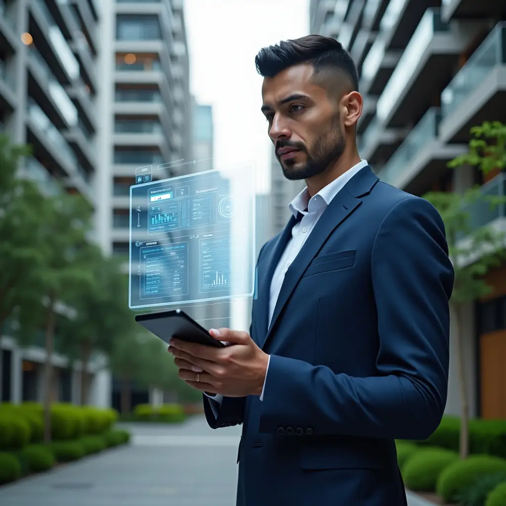 Ultra-realistic condominium manager in a navy blue suit, set in a modern luxury condominium environment with high-rise buildings and manicured green landscaping, holding a digital tablet displaying floating holographic dashboards of finances, security and communication, confident and focused expression, cinematic lighting, shallow depth of field, highly detailed textures, realistic skin, photographic realism, 8k resolution --ar 1:1 --v 6