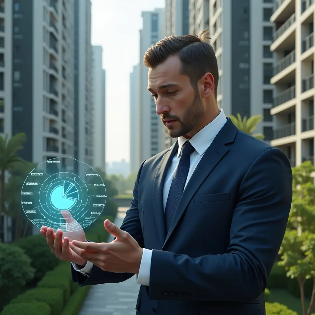 (Ultra-realistic condominium manager in a tailored navy suit, set in a modern luxury condominium environment with high-rise buildings and lush green landscaping, examining a holographic pie chart divided into ordinary and extraordinary expense segments, confident and focused expression, cinematic lighting, shallow depth of field, highly detailed textures, realistic skin, photographic realism, 8k resolution --ar 1:1 --v 6)