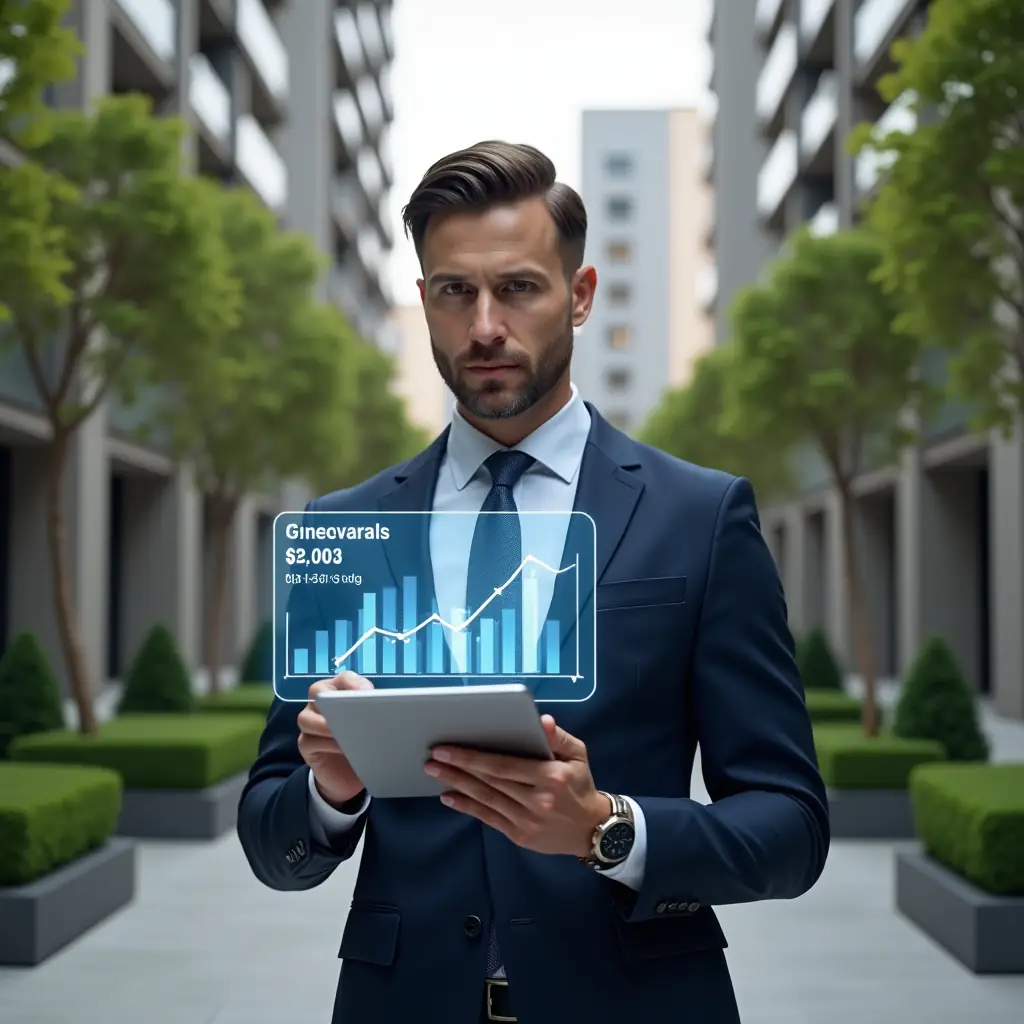 (Ultra-realistic condominium manager in a tailored navy suit, set in a modern luxury condominium environment with high-rise buildings and manicured greenery, holding a digital tablet and reviewing a holographic bar chart of cost savings, confident expression, cinematic lighting, shallow depth of field, highly detailed textures, realistic skin, photographic realism, 8k resolution --ar 1:1 --v 6)