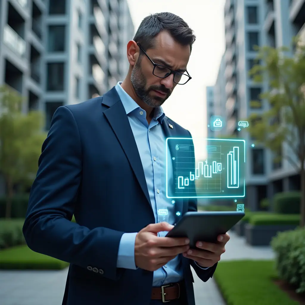 Ultra-realistic condominium manager in a navy blue suit, set in a modern luxury condominium environment with high-rise buildings and manicured green landscaping, analyzing a holographic financial report projected from a tablet, holographic charts and expense icons floating around, serious and confident expression, cinematic lighting, shallow depth of field, highly detailed textures, realistic skin, photographic realism, 8k resolution --ar 1:1 --v 6