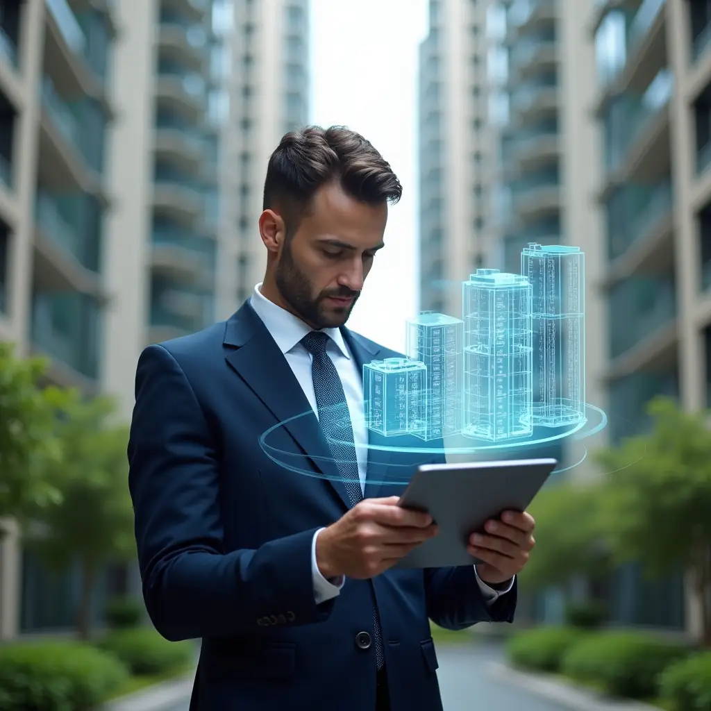 (Ultra-realistic condominium manager in a tailored navy suit, set in a modern luxury condominium environment with high-rise buildings and lush green landscaping, holding a digital tablet and analyzing a floating holographic pie chart of fractional allocations, focused and confident expression, holographic building model segmented by percentages, cinematic lighting, shallow depth of field, highly detailed textures, realistic skin, photographic realism, 8k resolution --ar 1:1 --v 6)