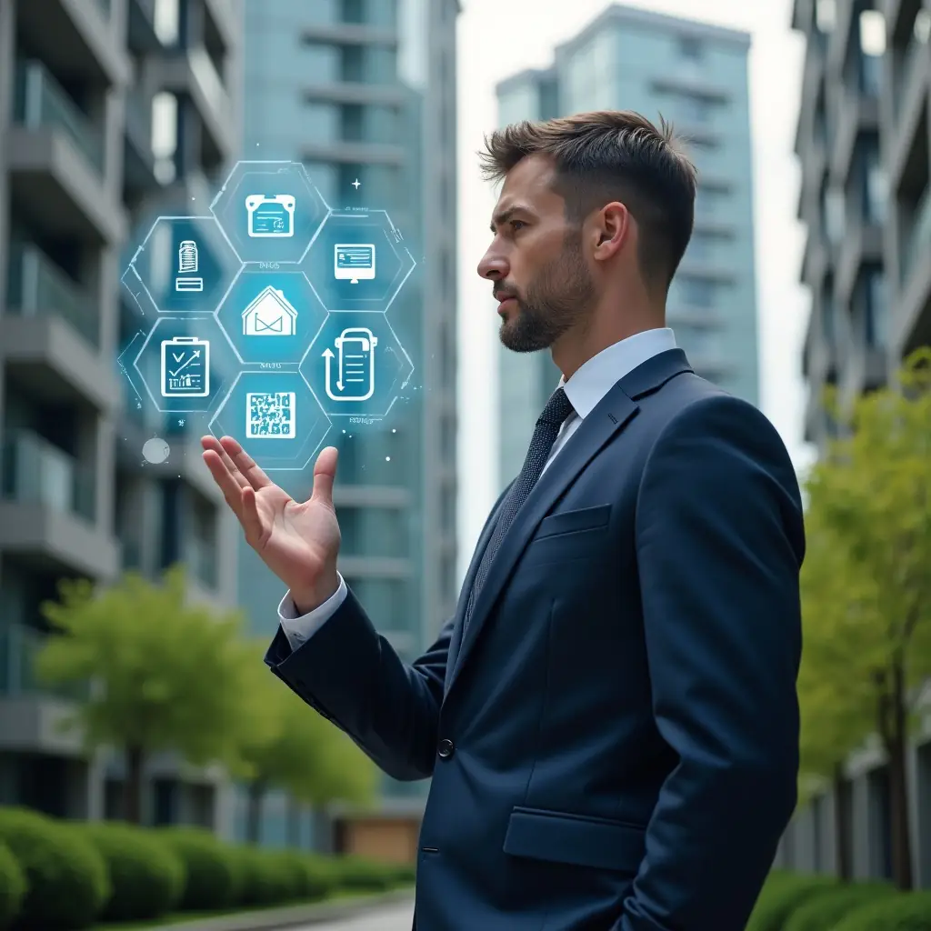 Ultra-realistic condominium manager in a tailored navy suit, set in a modern luxury condominium environment with high-rise buildings and well-manicured green landscaping, interacting with a floating holographic interface displaying icons for finance management, messaging, space booking, maintenance requests and document archives, confident and focused expression, cinematic lighting, shallow depth of field, highly detailed textures, realistic skin, photographic realism, 8k resolution --ar 1:1 --v 6