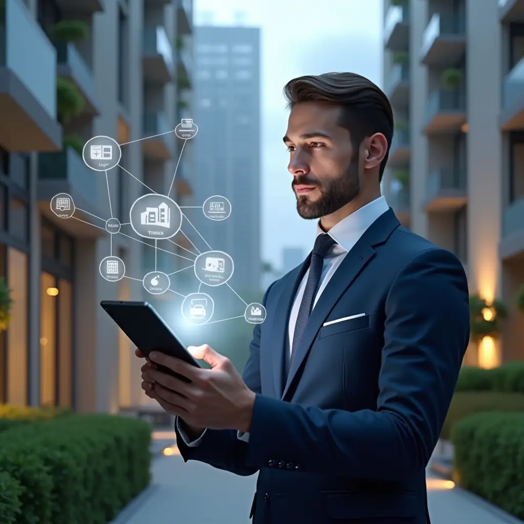 Ultra-realistic condominium manager in a navy blue executive suit, set in a modern luxury condominium environment with high-rise buildings and manicured green landscaping, holding a tablet displaying a holographic interface of an apartment management app with floating icons for finances, reservations, and notifications, confidently analyzing the digital display, cinematic lighting, shallow depth of field, highly detailed textures, realistic skin, photographic realism, 8k resolution --ar 1:1 --v 6