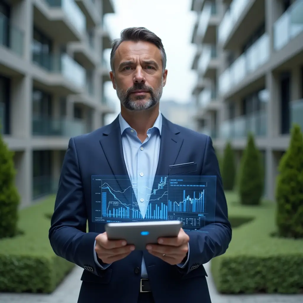 Ultra-realistic condo manager in a navy blue suit, set in a modern luxury condominium environment with high-rise buildings and well-manicured green landscaping, presenting a digital tablet displaying holographic financial charts and spreadsheets, confident and focused expression, cinematic lighting, shallow depth of field, highly detailed textures, realistic skin, photographic realism, 8k resolution --ar 1:1 --v 6