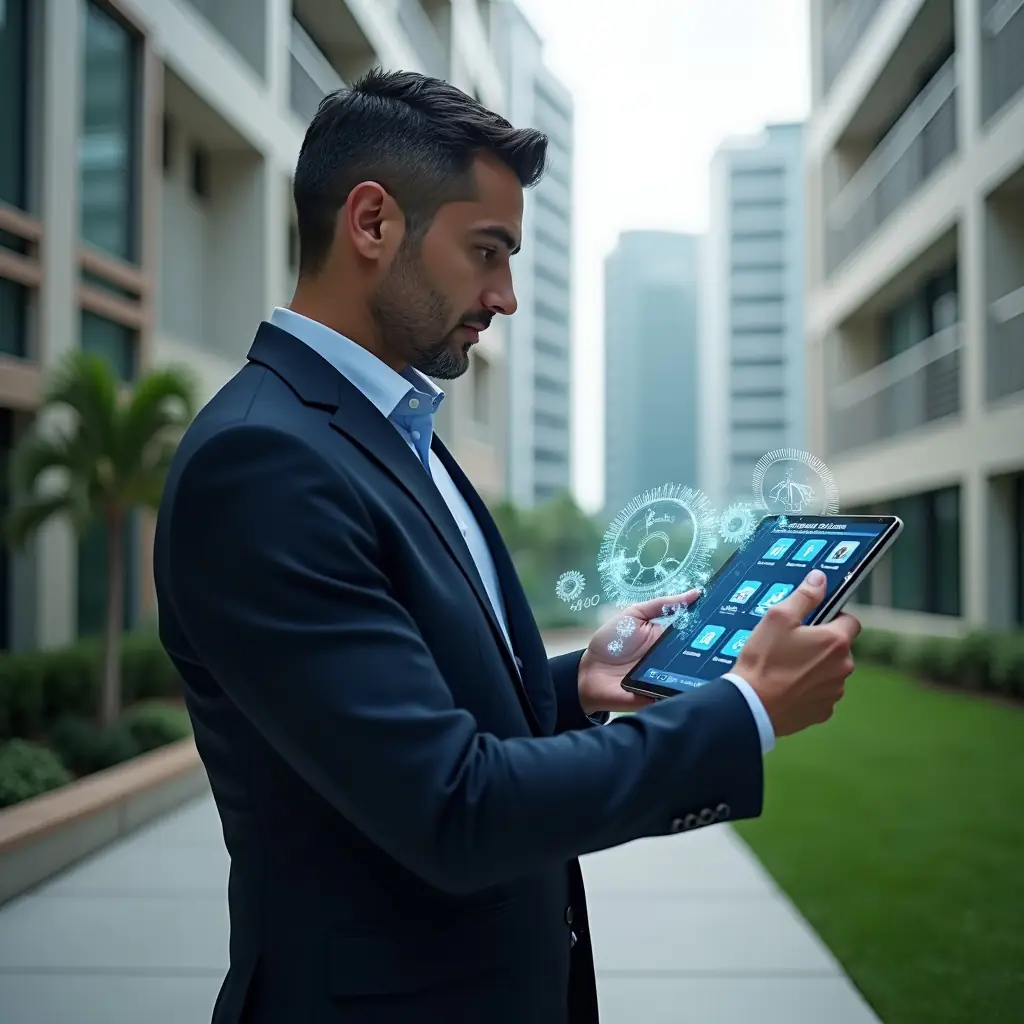 (Ultra-realistic condominium manager in a tailored navy suit, set in a modern luxury condominium environment with high-rise buildings and manicured green landscaping, medium shot holding a tablet displaying holographic app icons and menus, confidently analyzing the interface, subtle holographic symbols of gears and charts floating beside, cinematic lighting, shallow depth of field, highly detailed textures, realistic skin, photographic realism, 8k resolution --ar 1:1 --v 6)