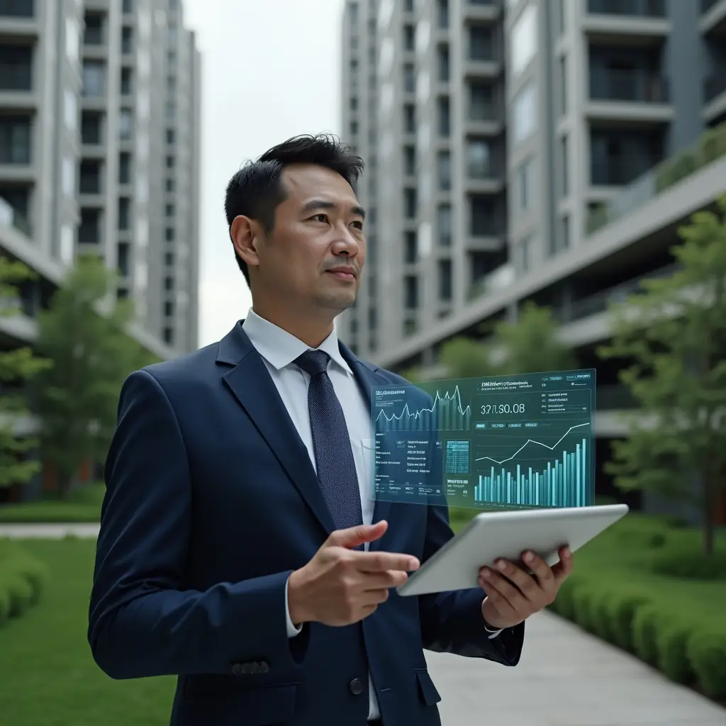 (Ultra-realistic condominium manager in a tailored navy suit, set in a modern luxury condominium environment with high-rise buildings and lush green landscaping, mid shot of the manager confidently holding a tablet displaying a holographic financial report with charts and graphs, focused expression, cinematic lighting, shallow depth of field, highly detailed textures, realistic skin, photographic realism, 8k resolution --ar 1:1 --v 6)