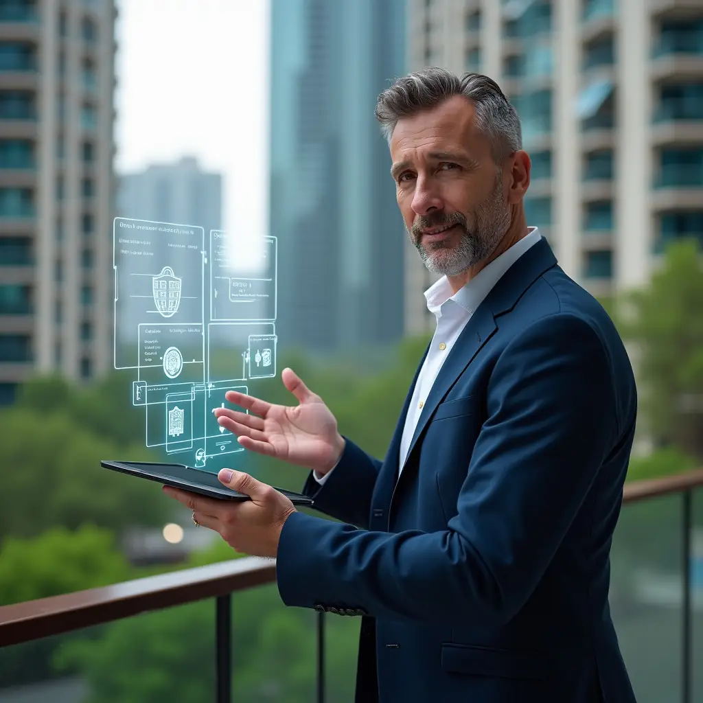 (Ultra-realistic condominium manager in a navy suit, set in a modern luxury condominium environment with high-rise buildings and green landscaping, holding a tablet displaying a floating holographic condominium management app interface, gesturing confidently as if presenting a five-day implementation plan, digital icons of calendar and checklist floating around, cinematic lighting, shallow depth of field, highly detailed textures, realistic skin, photographic realism, 8k resolution --ar 1:1 --v 6)
