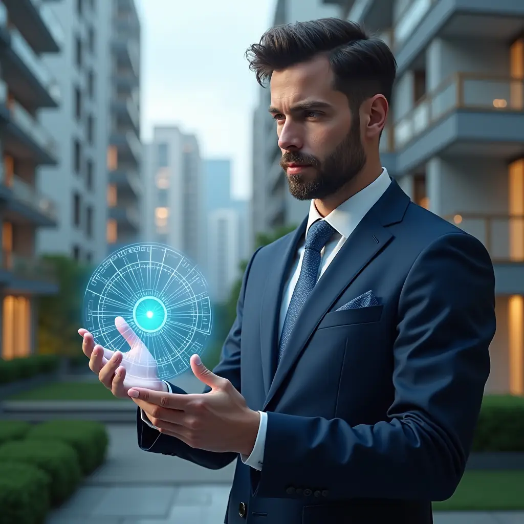 Ultra-realistic condominium manager in a navy blue suit, set in a modern luxury condominium environment with high-rise buildings and meticulously landscaped gardens, analyzing a transparent holographic pie chart of unit fractions and monthly fees with a confident, thoughtful expression, holographic fraction ideal icons floating beside him, cinematic lighting, shallow depth of field, highly detailed textures, realistic skin, photographic realism, 8k resolution --ar 1:1 --v 6